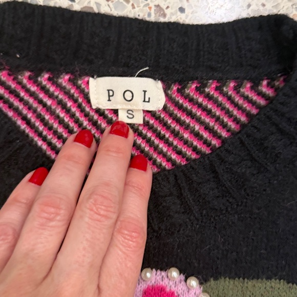 POL Anthropologie black pink floral sweater pearl small s - Picture 3 of 6